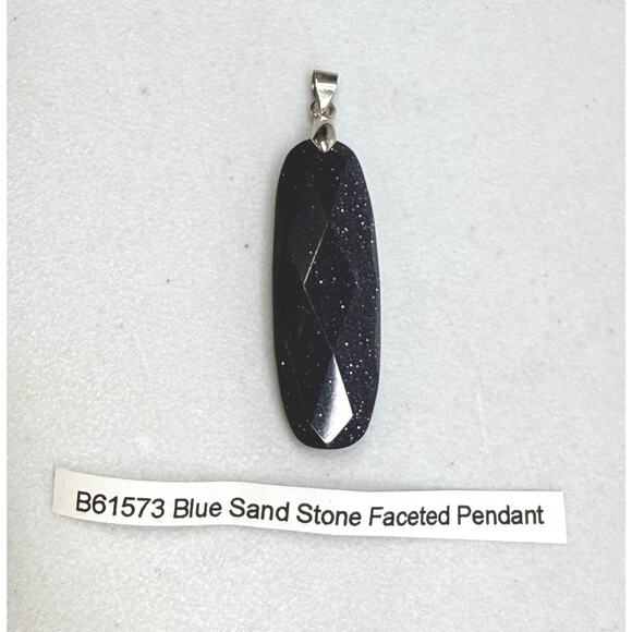 Sandstone Faceted Pendant 925 Sterling Silver Bale Oval Navy Blue Sparkling 6.8g - Picture 2 of 11